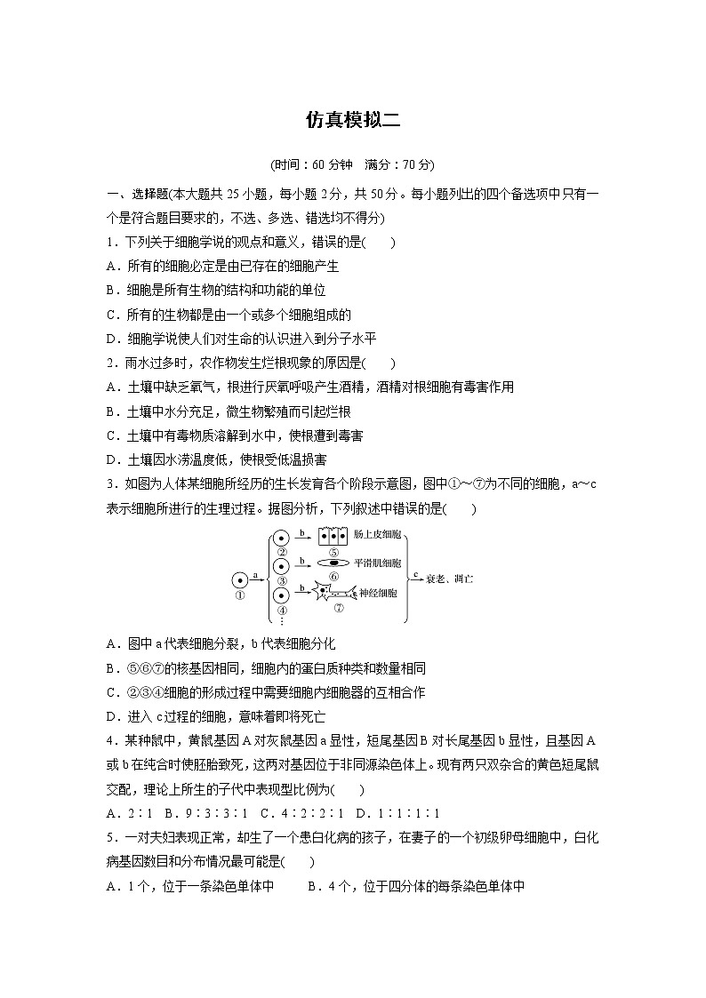 2019届浙江省高考学考模拟卷（二）生物（解析版）01