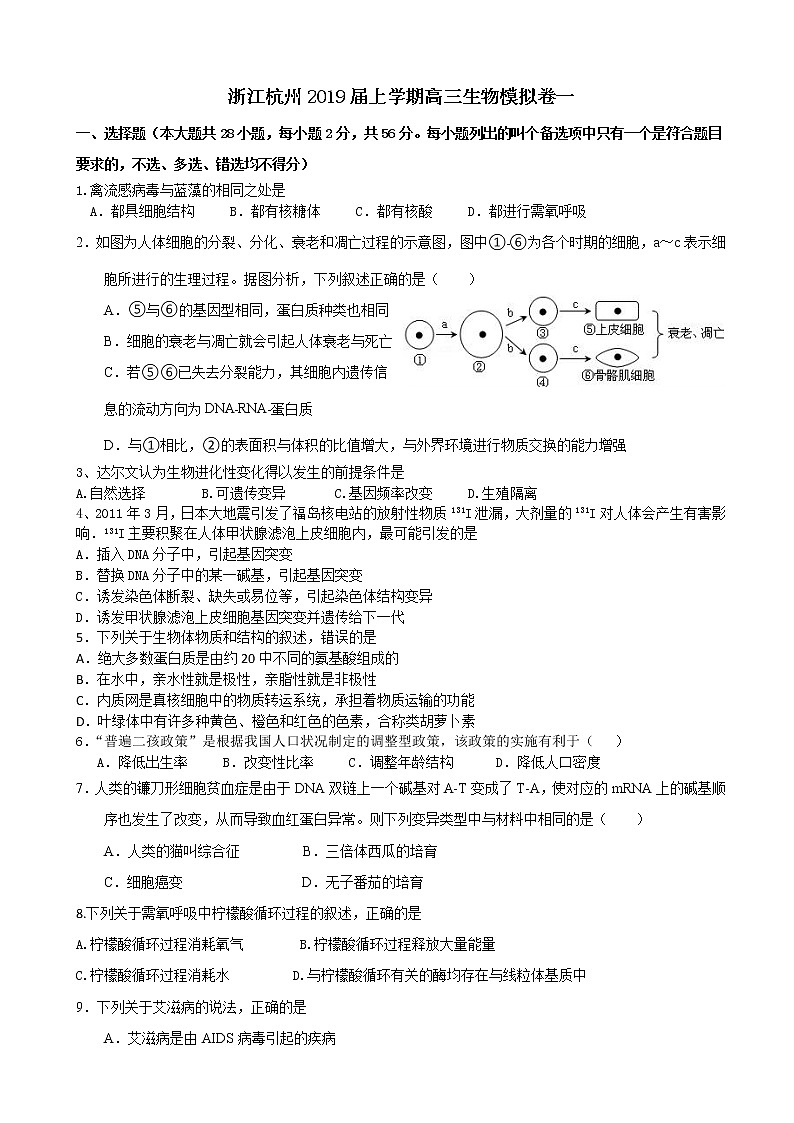 2019届浙江省杭州高三上学期生物模拟卷一第1页