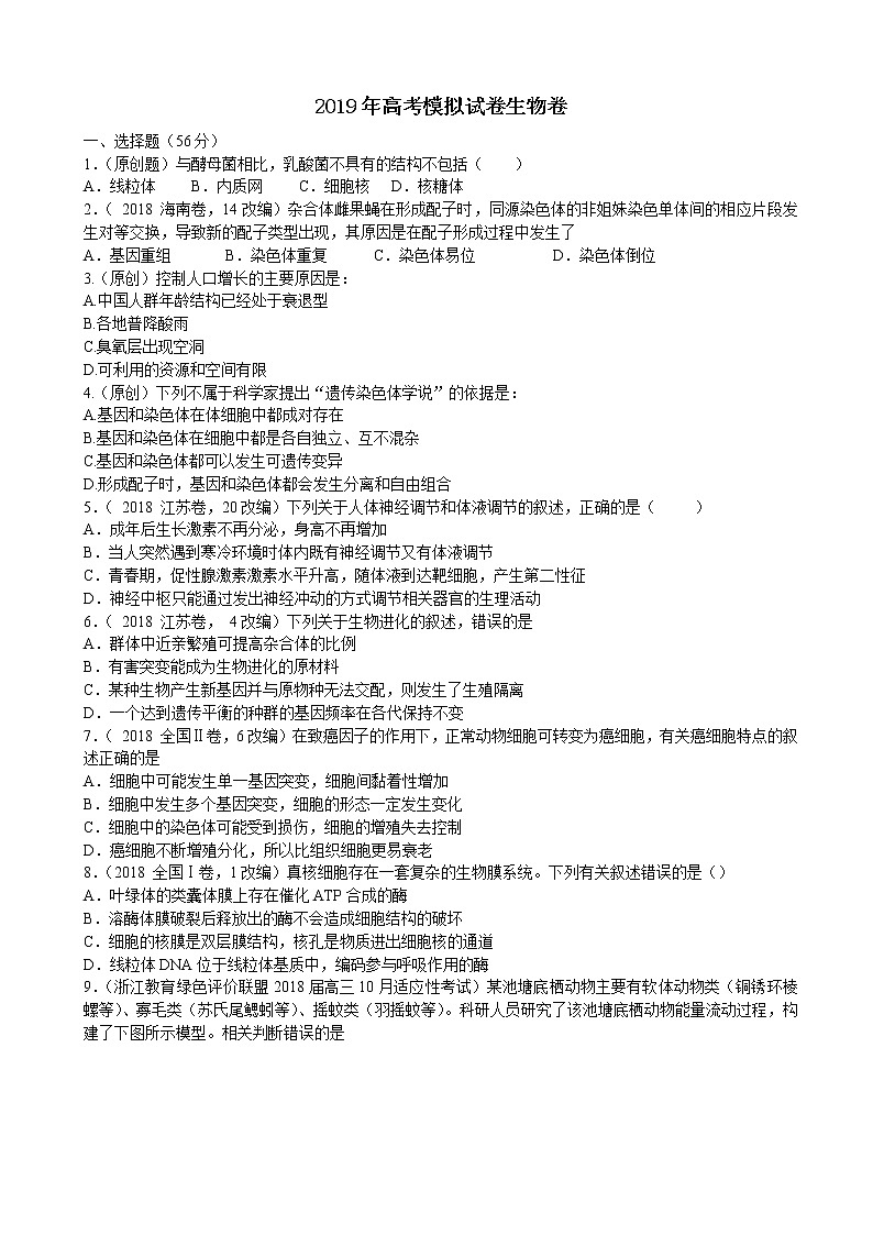 2019届浙江省杭州市高考命题比赛模拟（七）生物试卷（word版）第1页