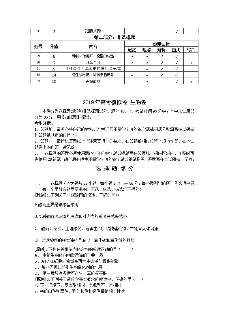 2019届浙江省杭州市高考命题比赛模拟（十三）生物试卷（word版）02