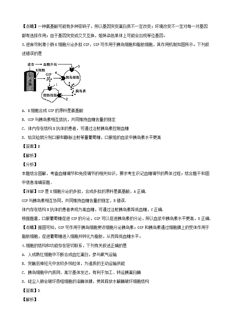 2019届山西省晋中市高三上学期1月高考适应性考试理科综合生物试题（解析版）02