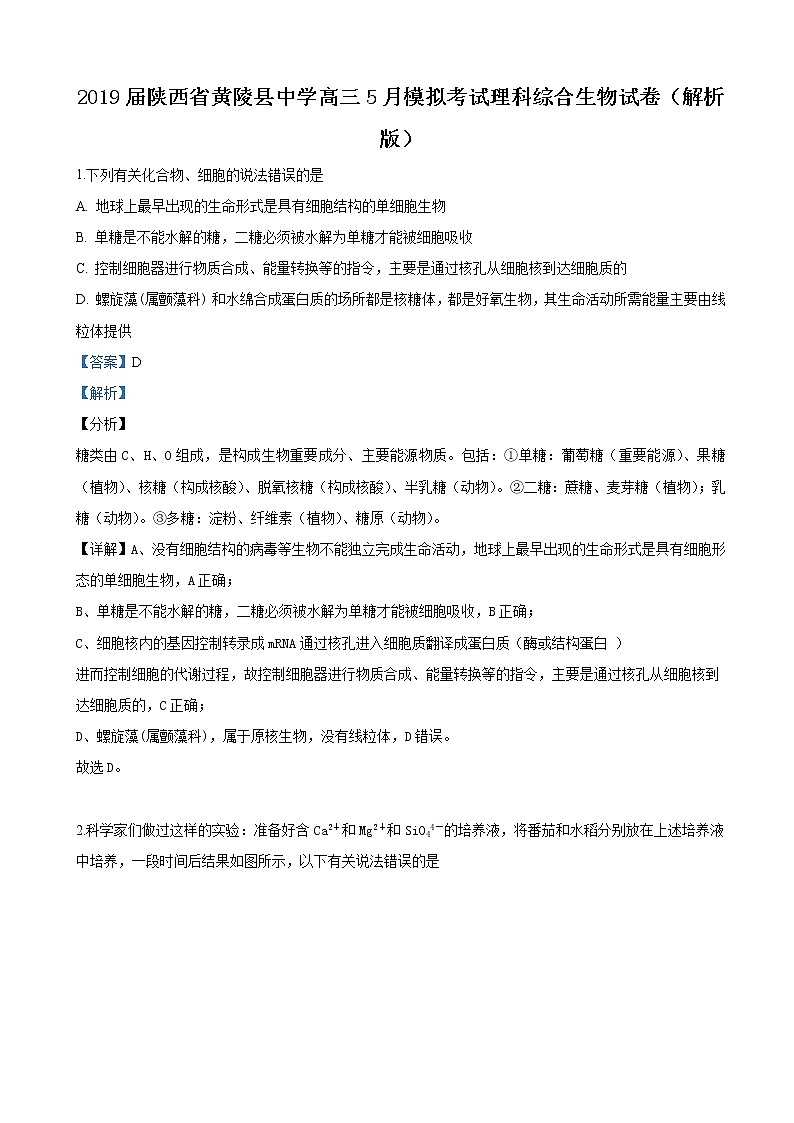 2019届陕西省黄陵县中学高三5月模拟考试理科综合生物试卷（解析版）第1页