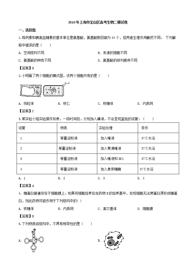 2019届上海市宝山区高三二模生物试题（word版）01