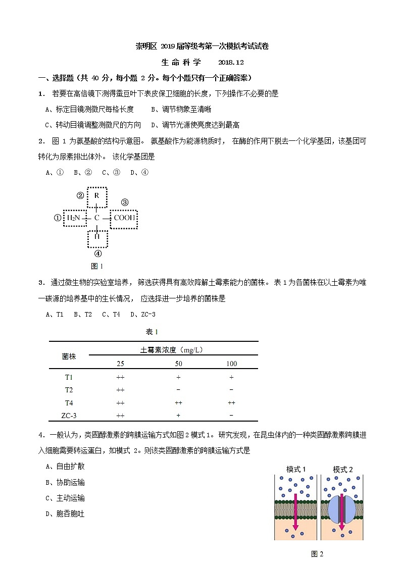 2019届上海市崇明区高三等级考第一次模拟生命科学试题（word版）01