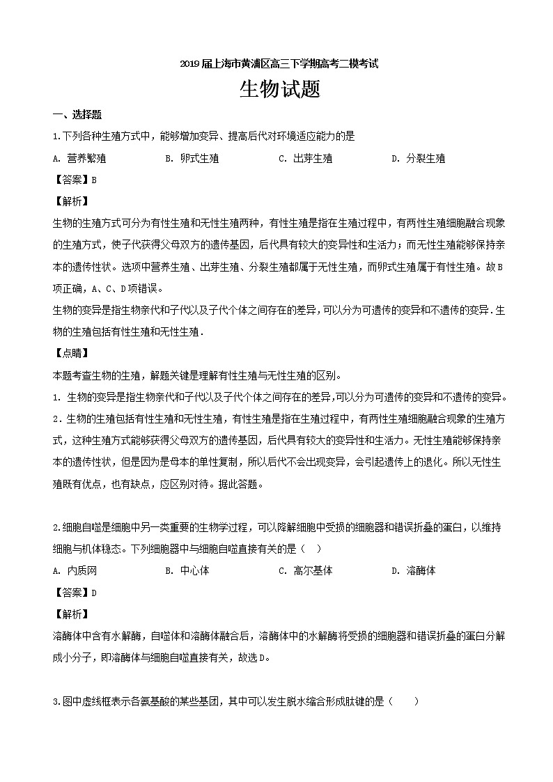 2019届上海市黄浦区高三下学期高考二模考试生物试题（解析版）01