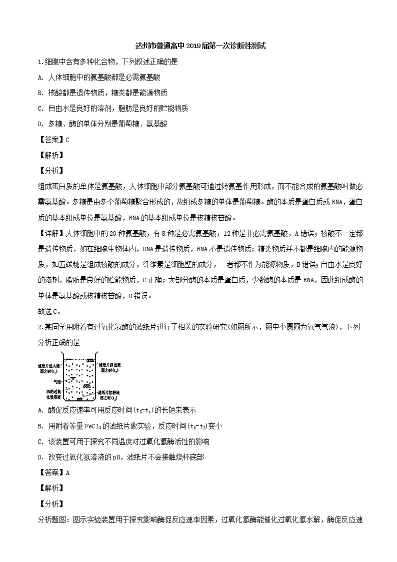 2019届四川省达州市高三第一次诊断性测试理科综合生物试题（解析版）第1页