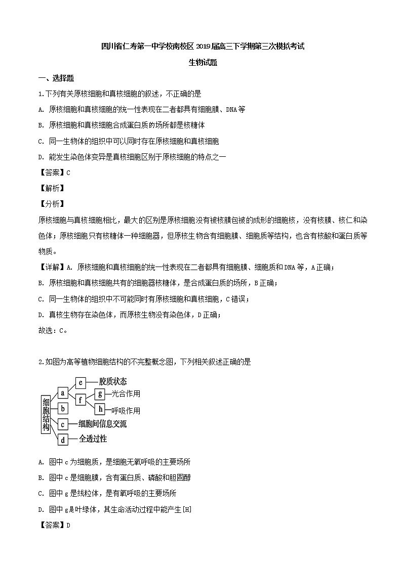 2019届四川省眉山市仁寿县一中高三下学期三模考试生物试题（解析版）01