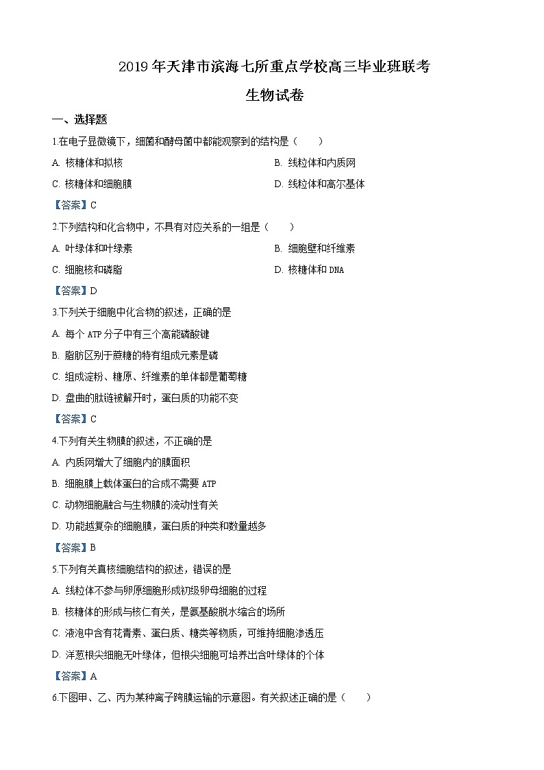 2019届天津市滨海新区七所重点中学高三下学期毕业班联考生物试卷（word版）01