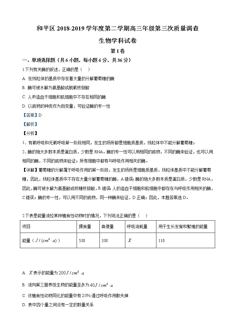 2019届天津市和平区高三第三次质量调查生物试卷（解析版）01