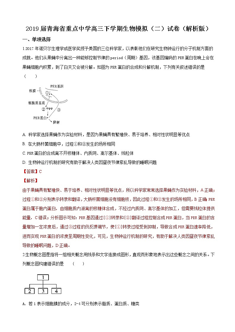 2019届青海省重点中学高三下学期生物模拟（二）试卷（解析版）01