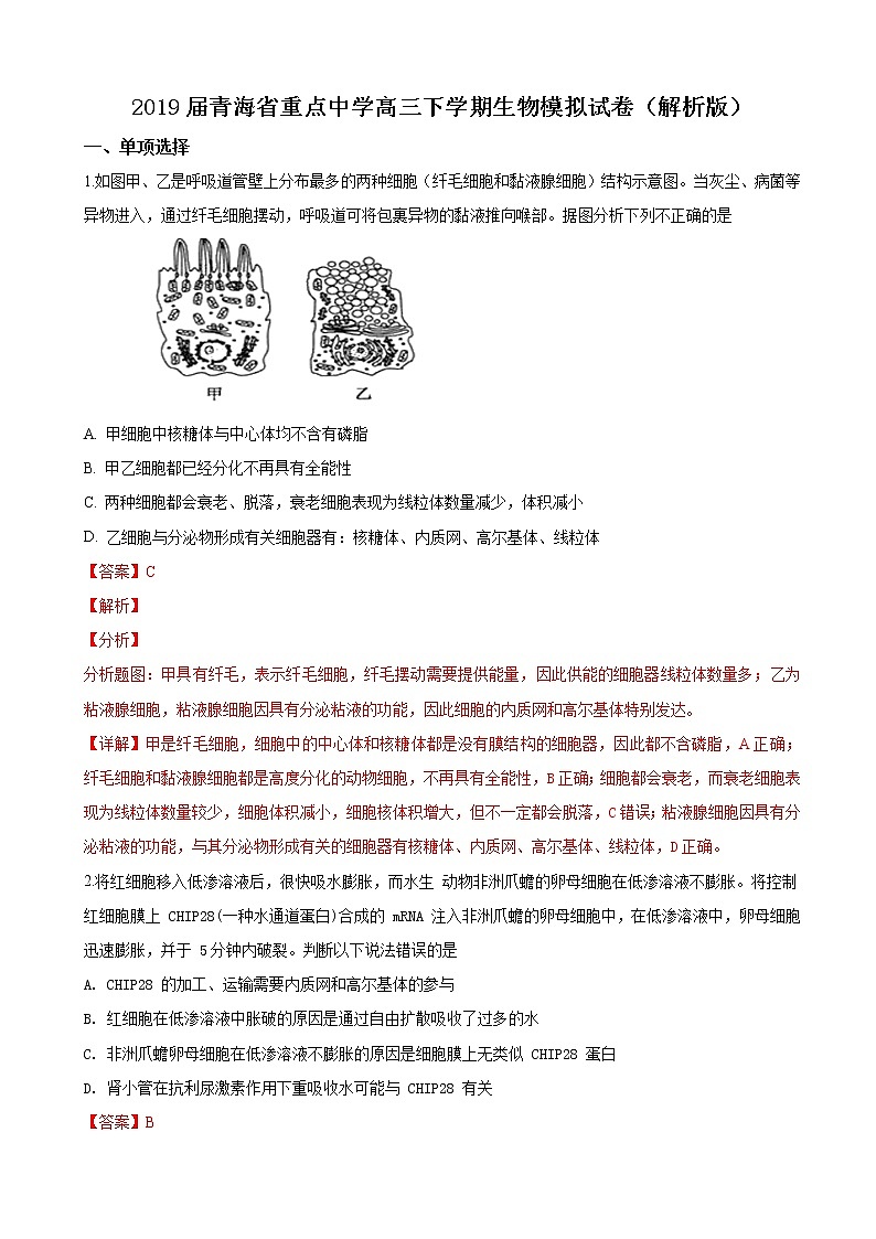 2019届青海省重点中学高三下学期生物模拟试卷（解析版）01