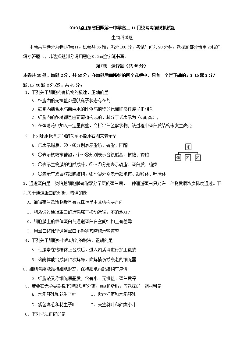2019届山东省日照第一中学高三11月统考考前模拟试题生物试题01