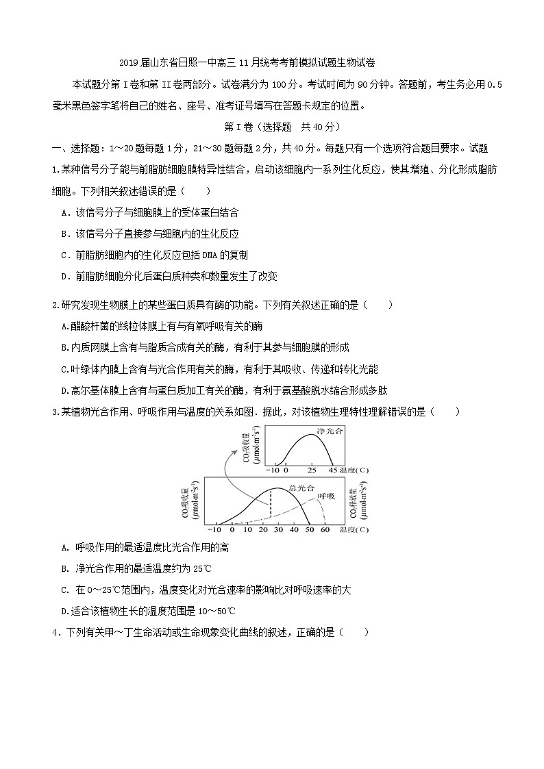 2019届山东省日照一中高三11月统考考前模拟试题生物试卷01