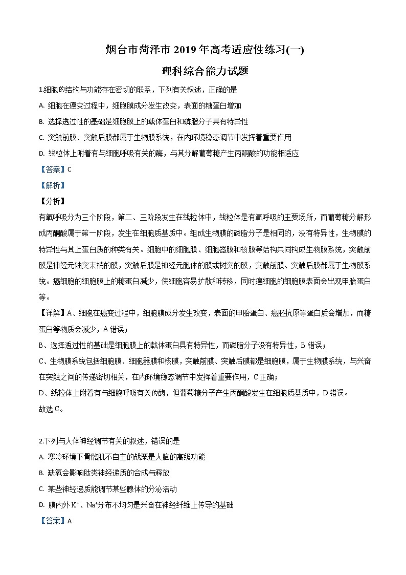 2019届山东省烟台市、菏泽市高三（5月）高考适应性练习（一）理科综合生物试卷（解析版）01
