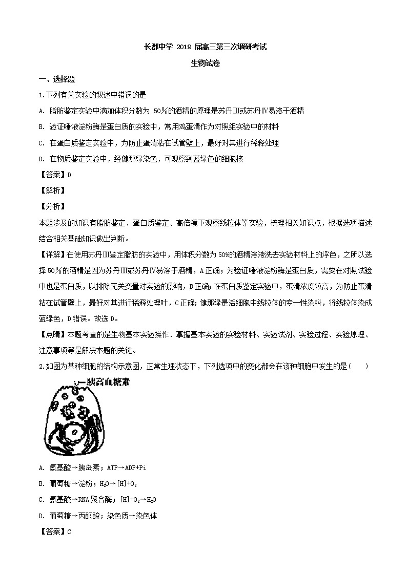 2019届湖南省长沙市长郡中学高三上学期第三次调研考试生物试题（解析版）01