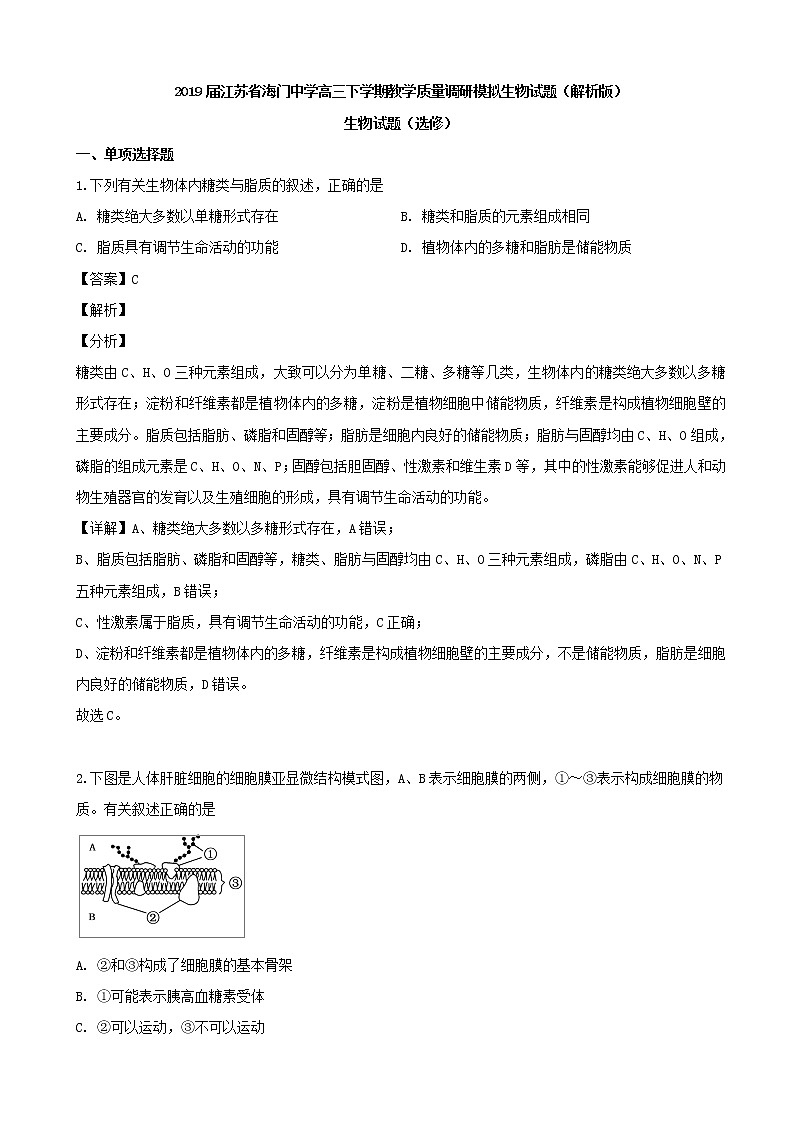 2019届江苏省海门中学高三下学期教学质量调研模拟生物试题（解析版）第1页