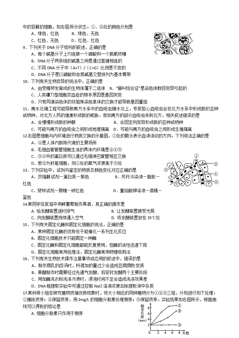 2019届江苏省溧水高级中学高三上学期期初模拟考试 生物第2页
