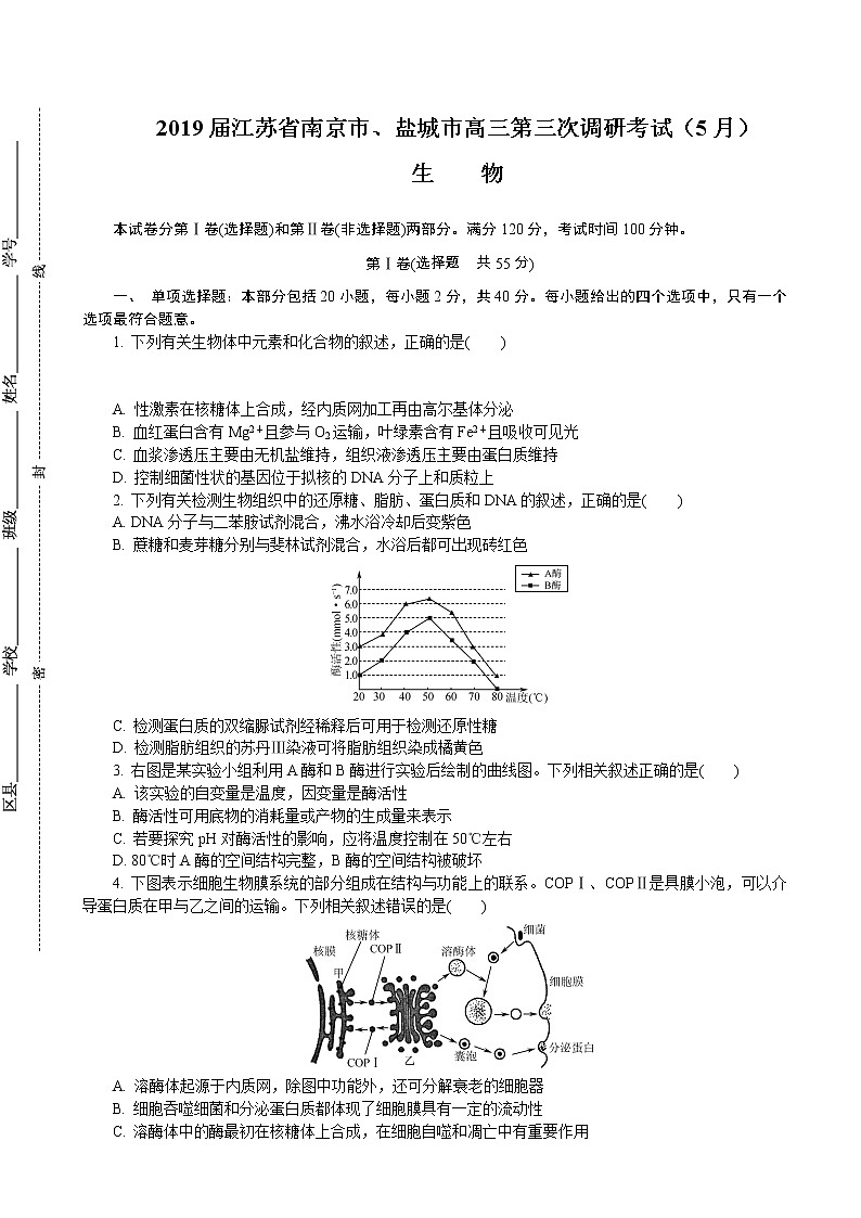 2019届江苏省南京市、盐城市高三第三次调研考试（5月） 生物（word版）01