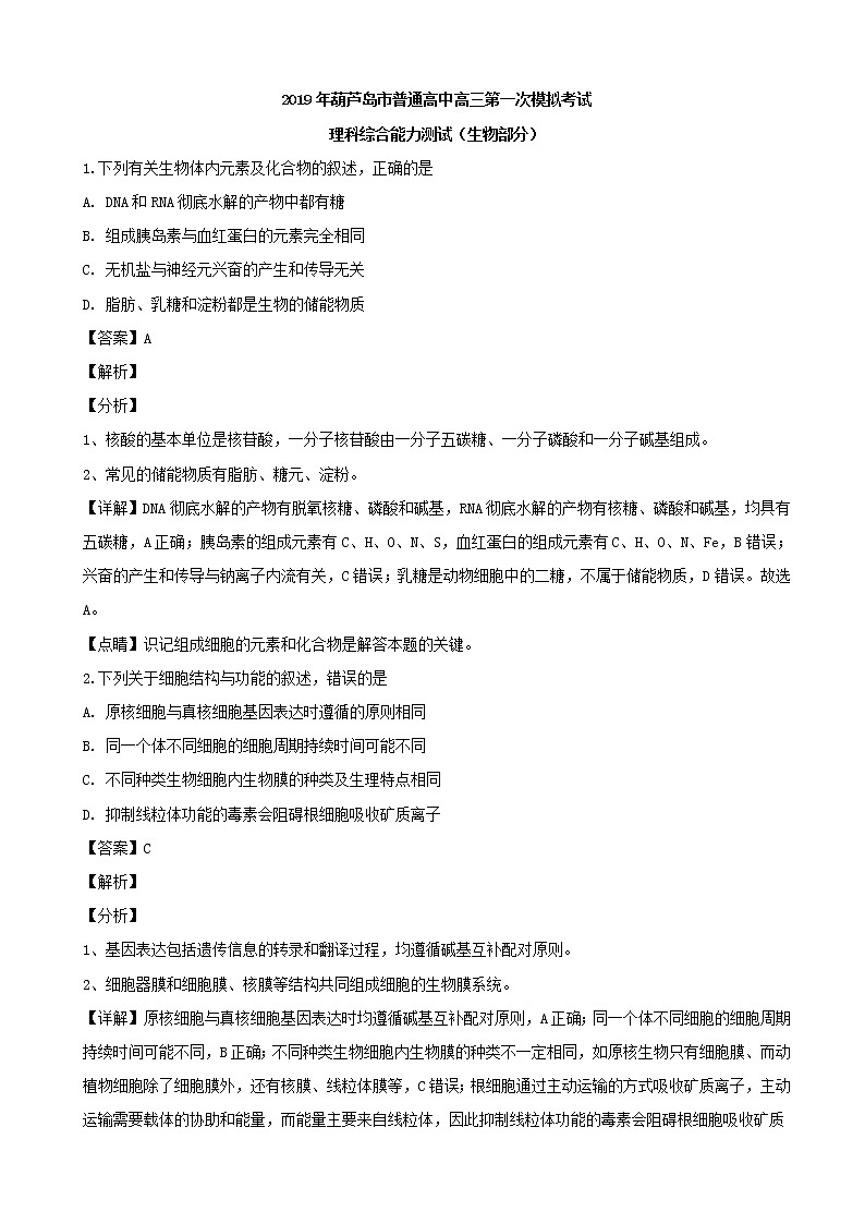 2019届辽宁省葫芦岛市普通高中高三第一次模拟考试理综合生物试题（解析版）第1页