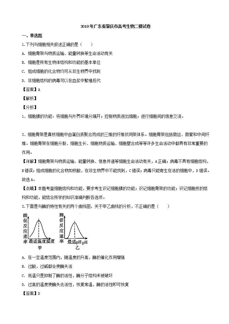 2019届广东省肇庆市高三第二次模拟考试生物试题（解析版）第1页