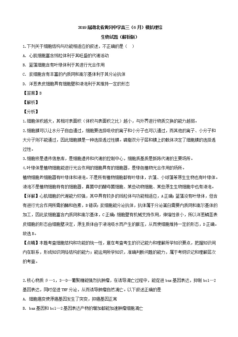 2019届湖北省黄冈中学高三（6月）模拟理综生物试题（解析版）01