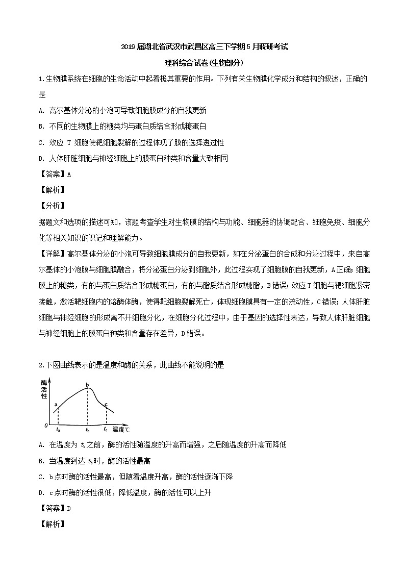 2019届湖北省武汉市武昌区高三下学期5月调研考试理科综合生物试题（解析版）01