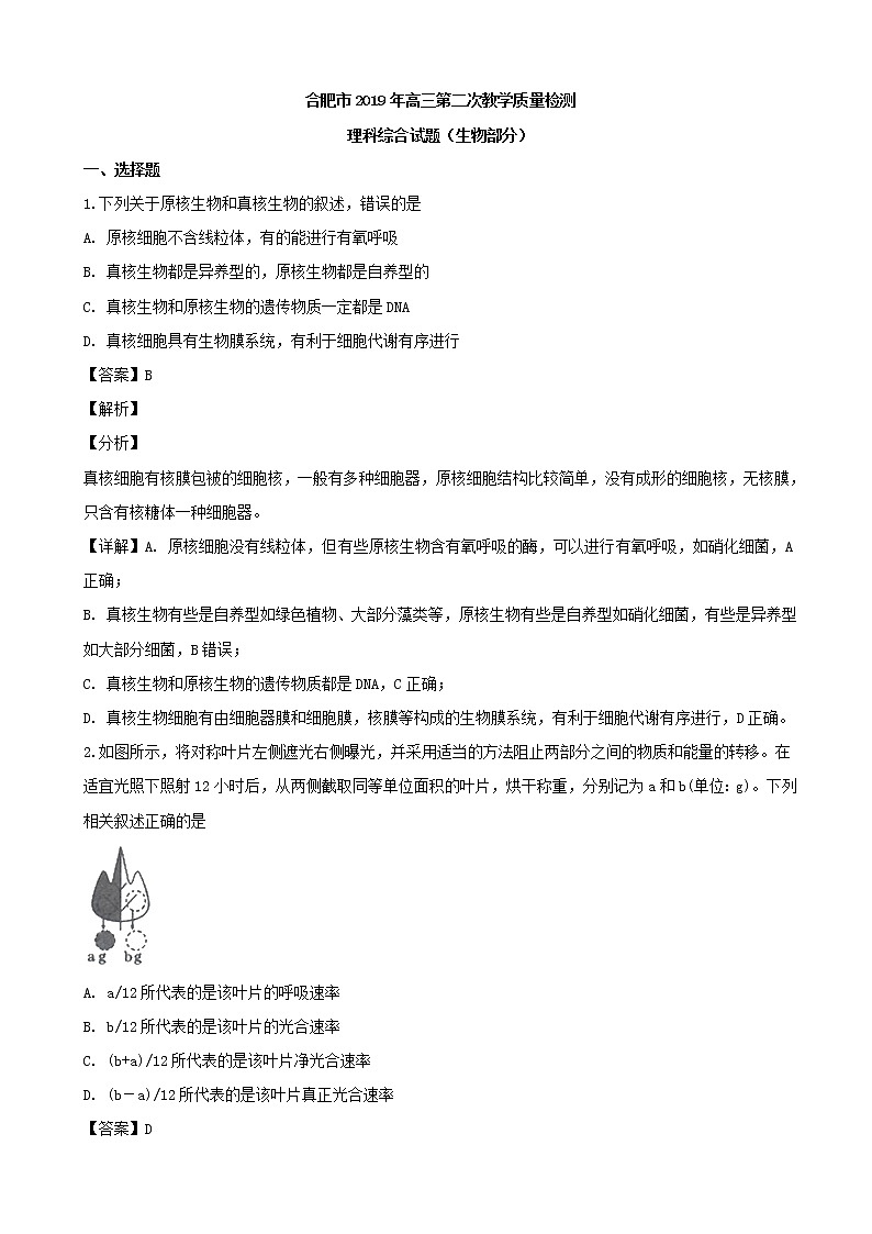 2019届安徽省合肥市高三第二次教学质量检测理科综合生物试题（解析版）01