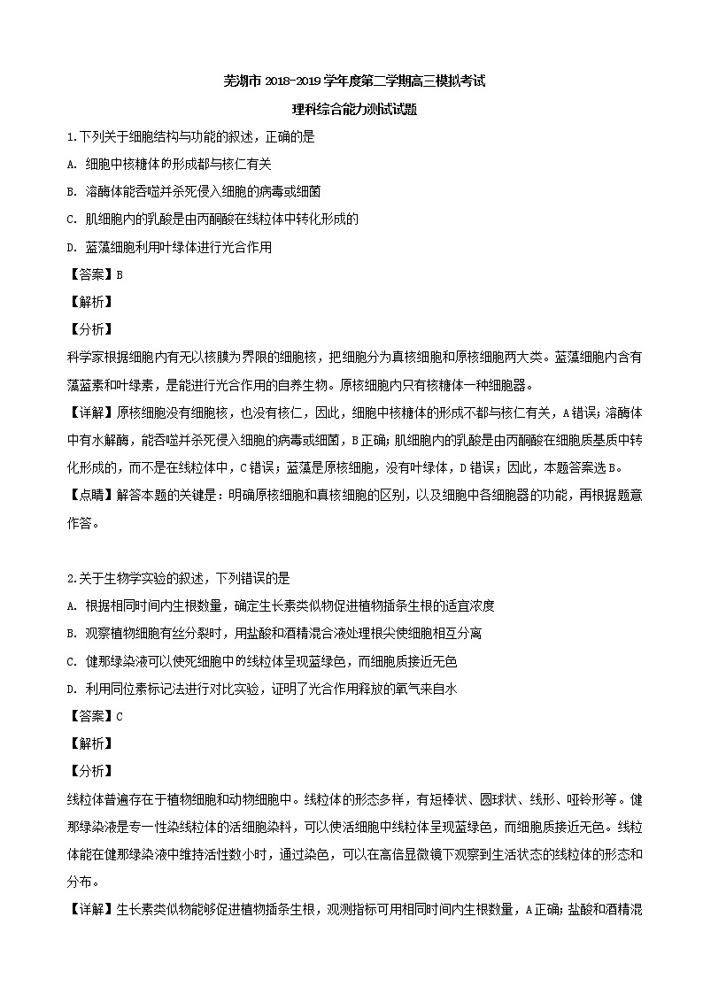2019届安徽省芜湖市高三下学期5月模拟考试理科综合生物试题（解析版）01
