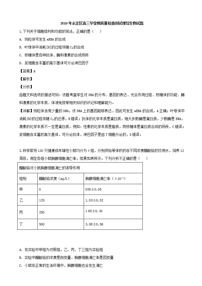 2019届福建省龙岩市永定区高三下学期质量检查测试理综生物试题（解析版）第1页
