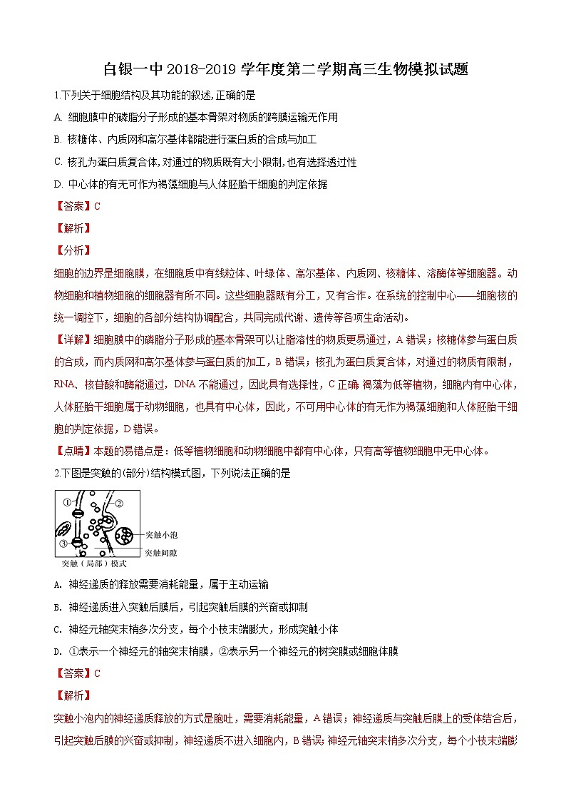 2019届甘肃省白银市第一中学高三下学期模拟考试生物试卷（解析版）01