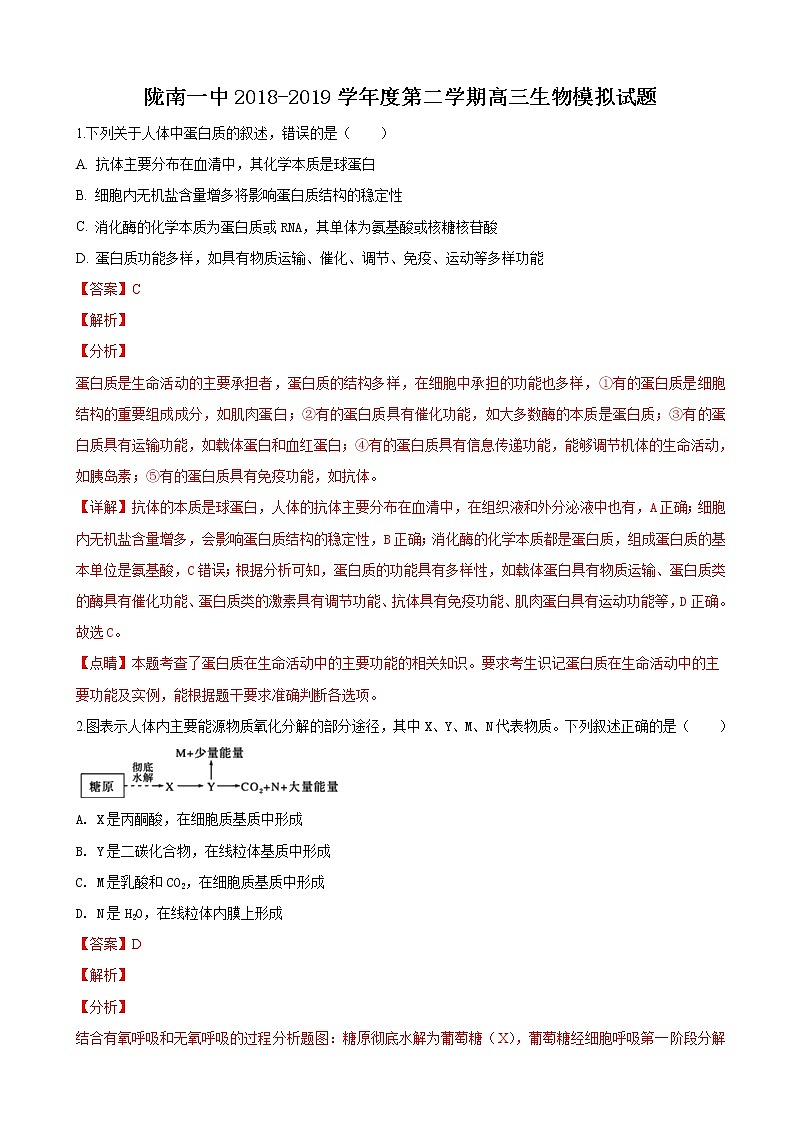2019届甘肃省陇南市陇南第一中学高三下学期模拟考试生物试卷（解析版）01