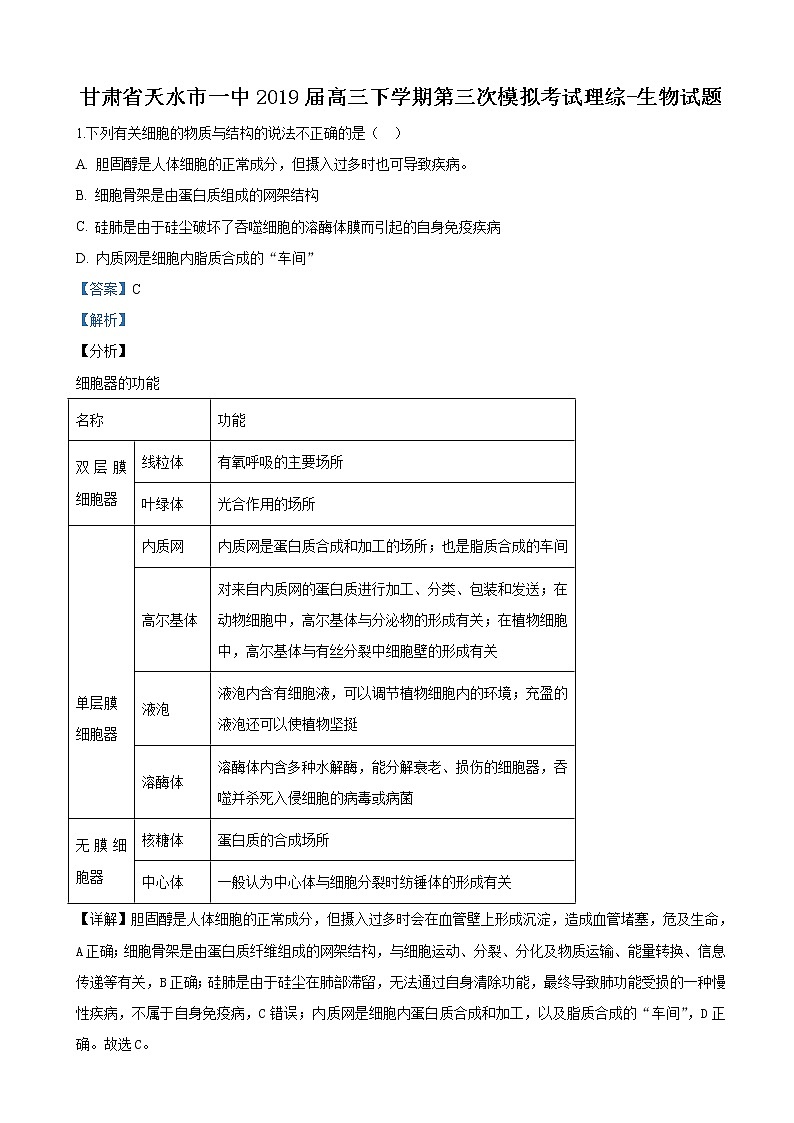2019届甘肃省天水市第一中学高三下学期第三次模拟考试理科综合生物试卷（解析版）第1页