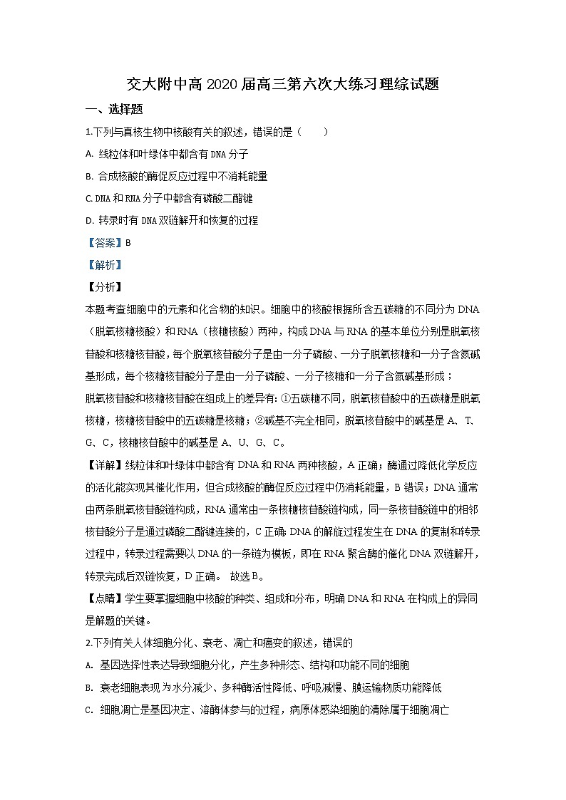 陕西省西安市西安交大附中2020届高三上学期第六次月考生物试题第1页