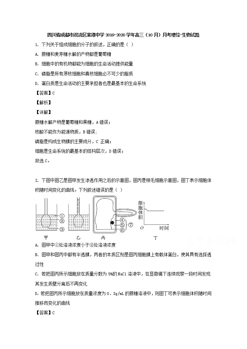 四川省成都市双流区棠湖中学2020届高三（10月）月考理综-生物试题01