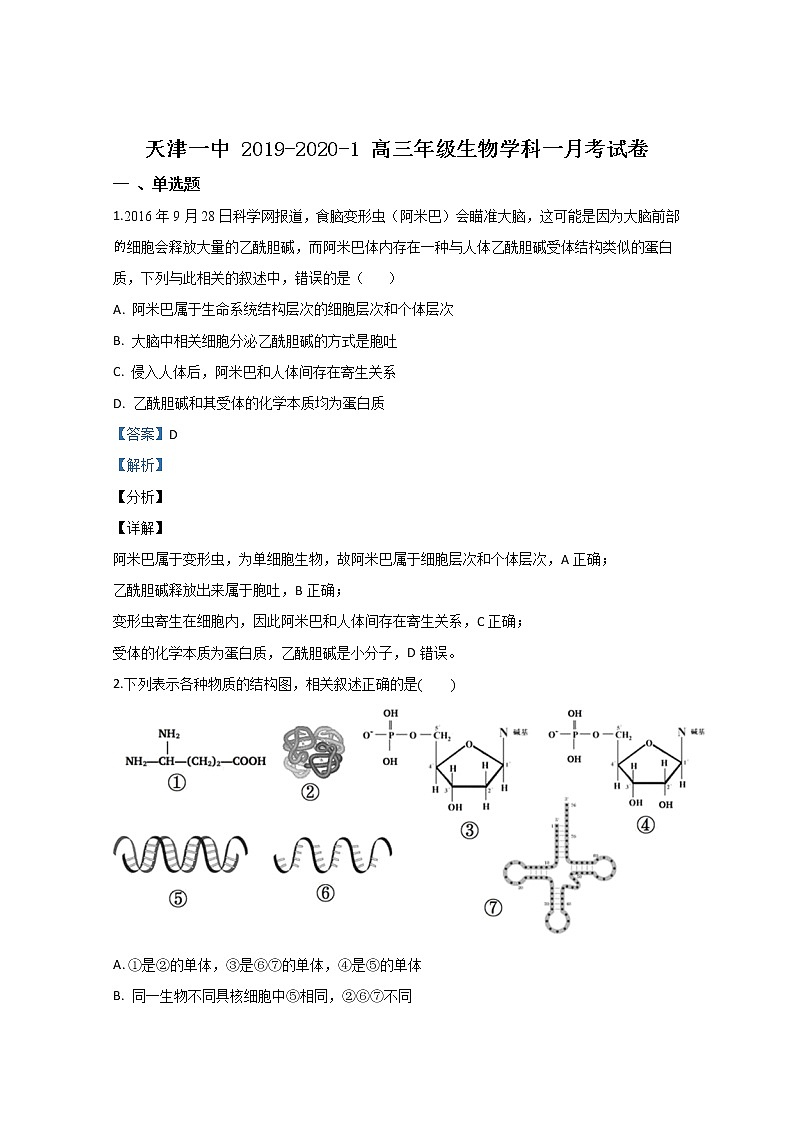 天津市一中2020届高三上学期第一次月考生物试题01