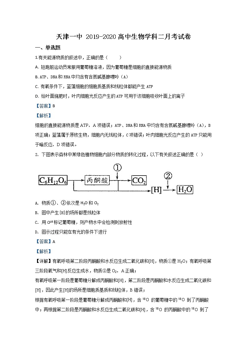天津市一中2020届高三上学期月考生物试题01