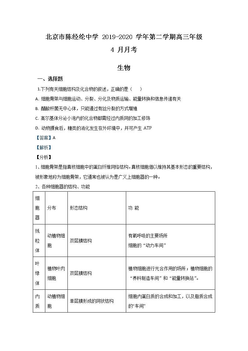 北京市朝阳区陈经纶中学2020届高三下学期4月月考生物试题01