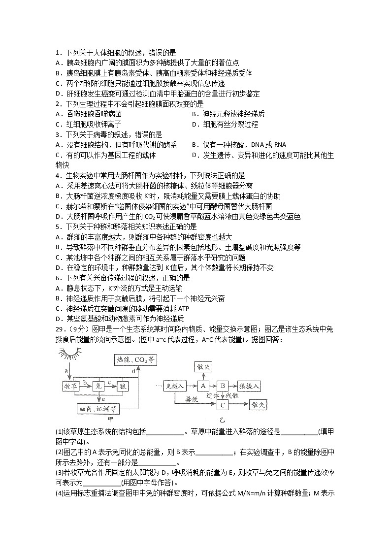 四川省泸县第四中学2020届高三下学期月考生物试题第1页