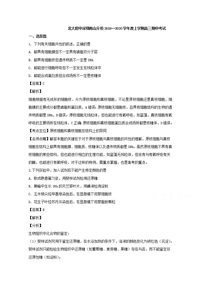 广东省北大附中深圳南山分校2020届高三上学期期中考试生物试题01