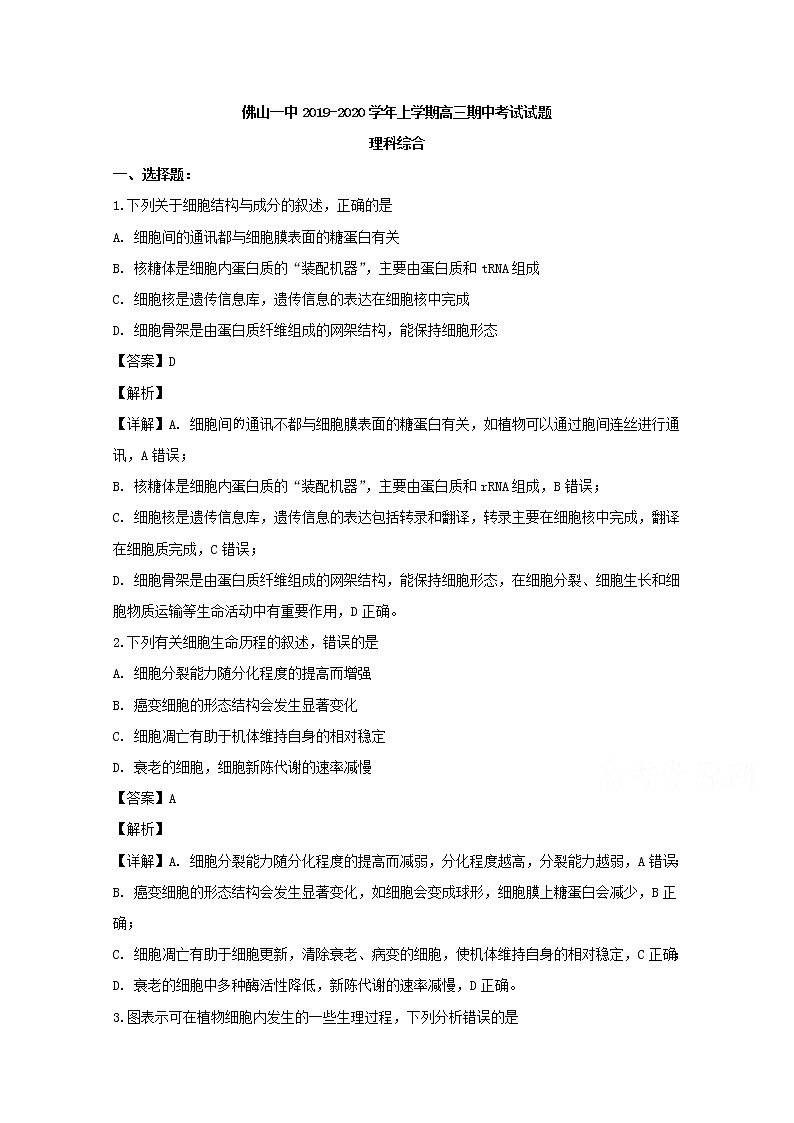 广东省佛山市一中2020届高三上学期期中考试生物试题01