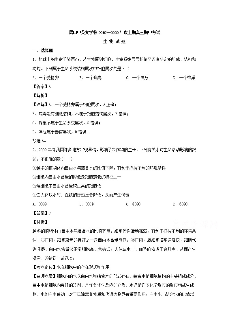 河南省周口市中英文学校2020届高三上学期期中考试生物试题01