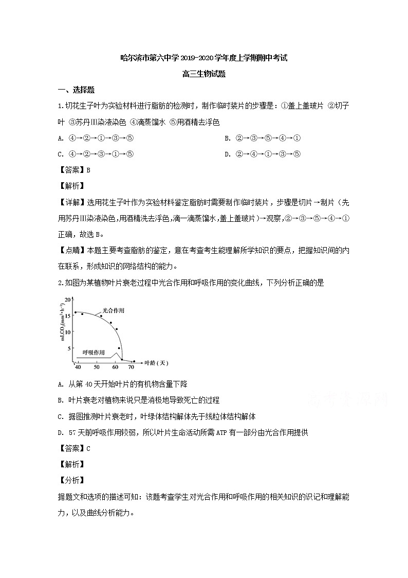 黑龙江省哈尔滨市六中2020届高三上学期期中考试生物试题01