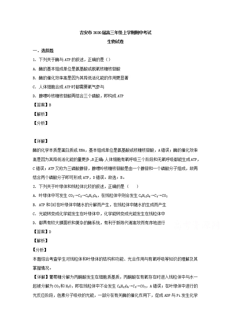 江西省吉安市2020届高三上学期期中考试生物试题01