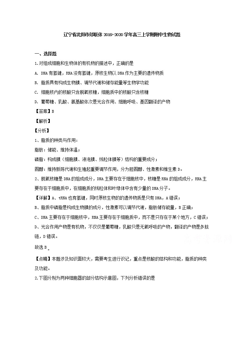 辽宁省沈阳市郊联体2020届高三上学期期中考试生物试题01