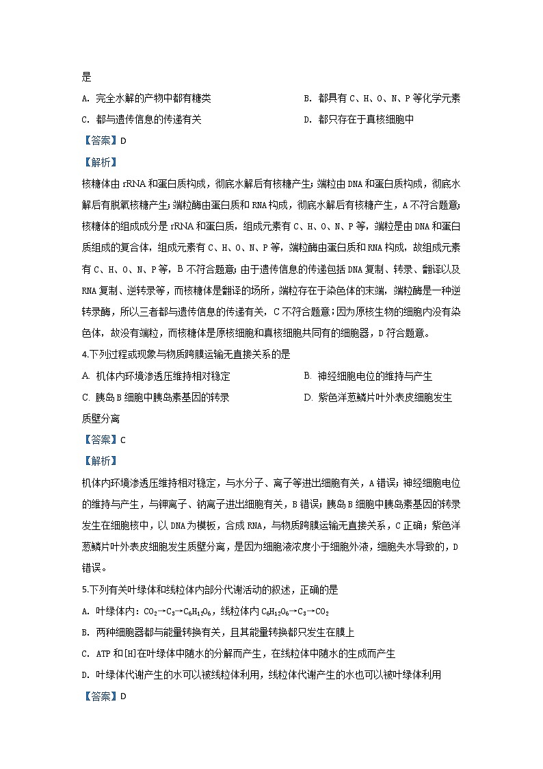 内蒙古自治区乌兰察布市集宁一中2020届高三上学期期中考试生物试题03