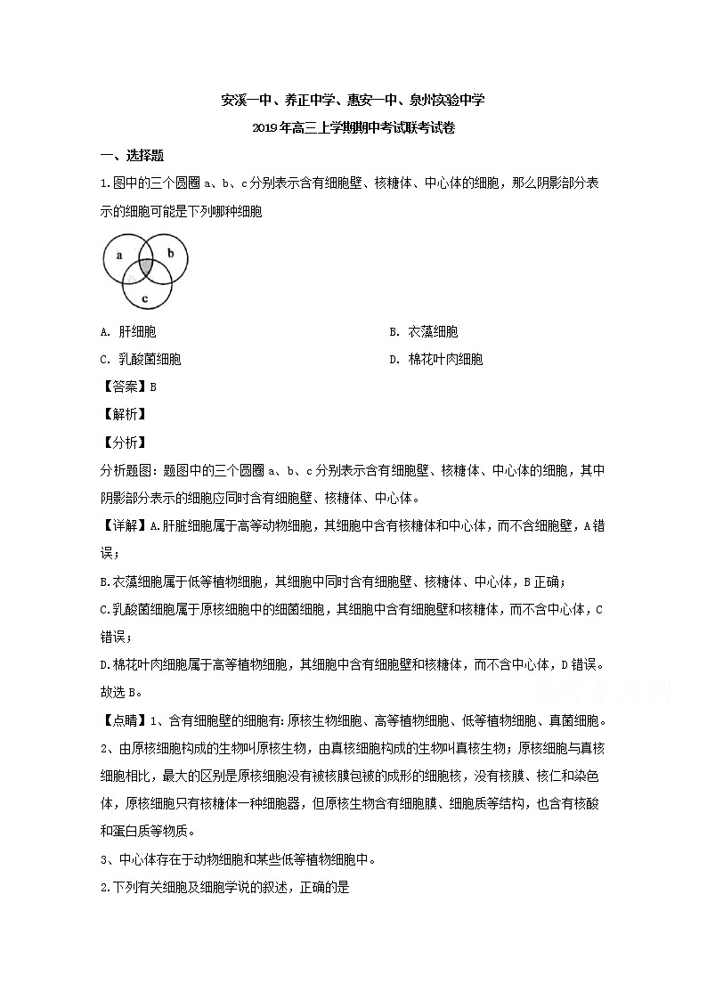福建省晋江市安溪一中养正中学惠安一中泉州实验中学四校2020届高三上学期期中考试生物试题01