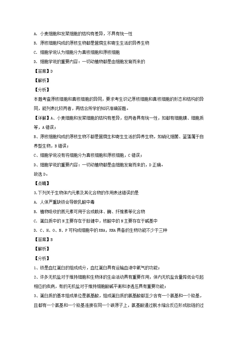 福建省晋江市安溪一中养正中学惠安一中泉州实验中学四校2020届高三上学期期中考试生物试题02