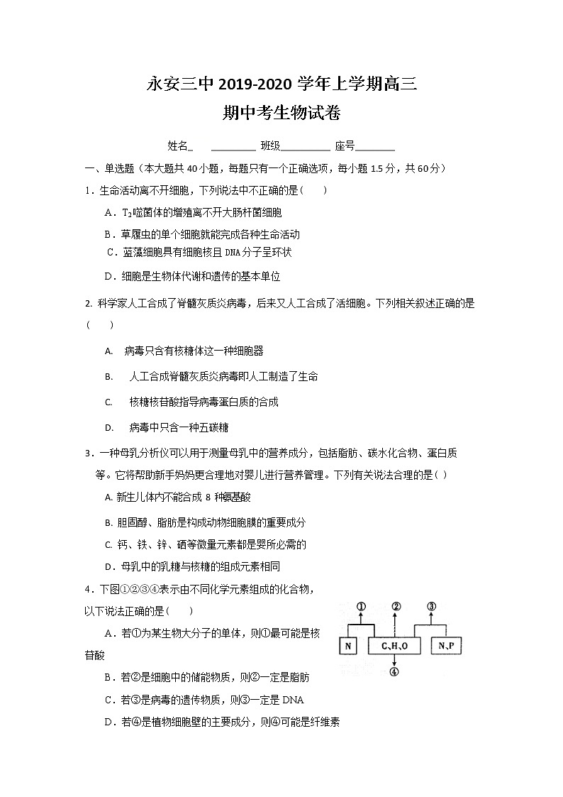 福建省永安市第三中学2020届高三上学期期中考试生物试题01