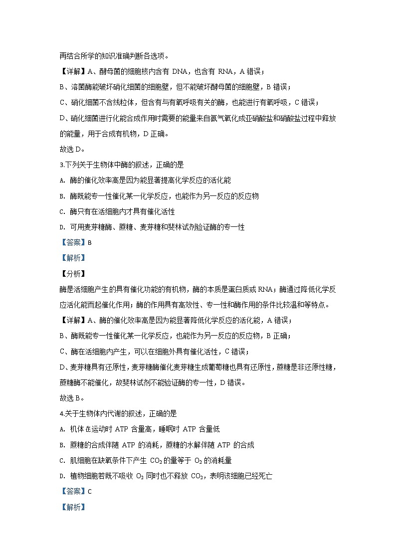 甘肃省兰州市一中2020届高三上学期期中考试生物试题02