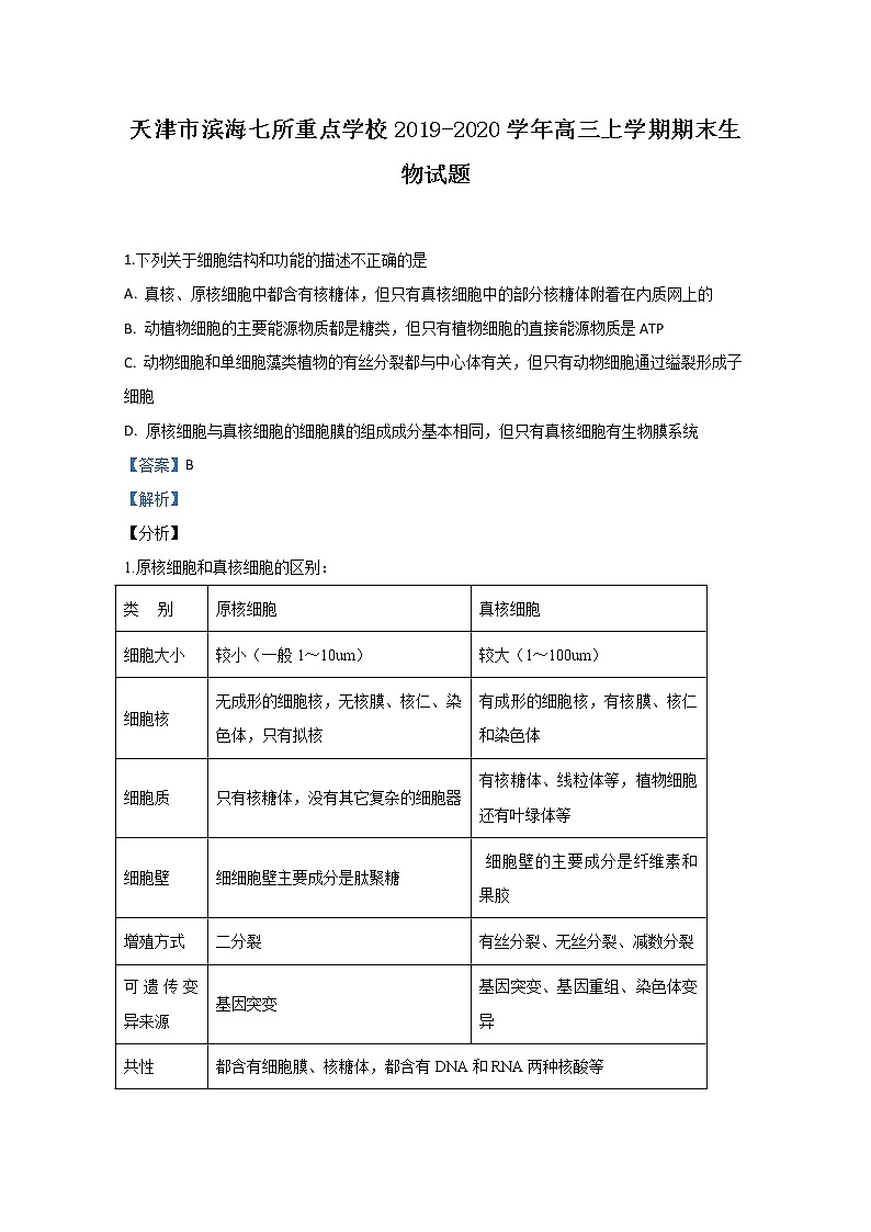 天津市滨海七所重点学校2020届高三上学期期末考试生物试题01
